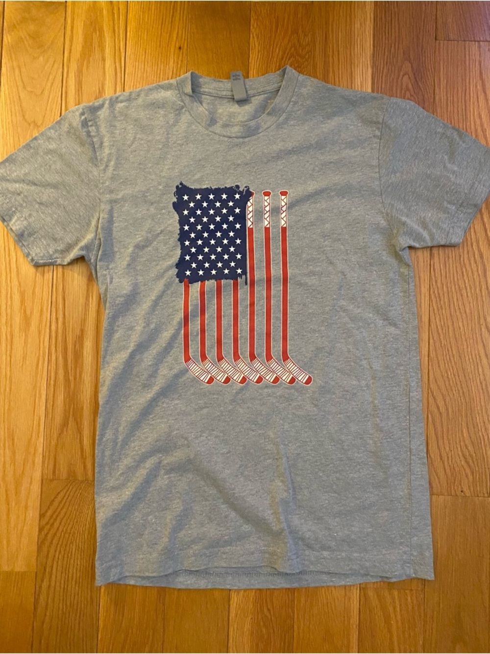 Next Level Gray Hockey Tee with Patriotic Red & Blue Graphic American Flag